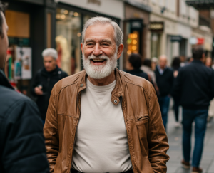 old man out in town smiling with confidence with dentures