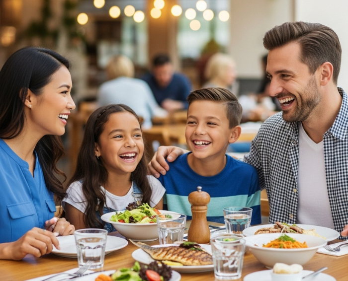 family sat in a restaurant with healthy teeth after visiting Claregate dental practice
