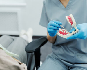 dentist with a model mouth showing patient potential problems